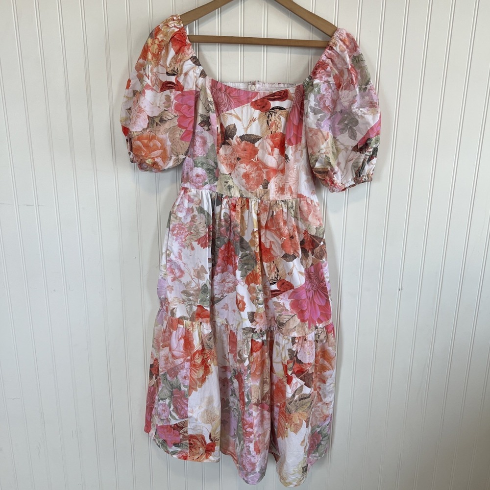 Vince Camuto Womens Floral‎ Cotton Puff Sleeve Midi Dress Size 6 Feminine Preppy